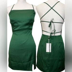 Lovers and Friends Dani Mini Dress XS Backless Ties Fitted Satin Emerald Green